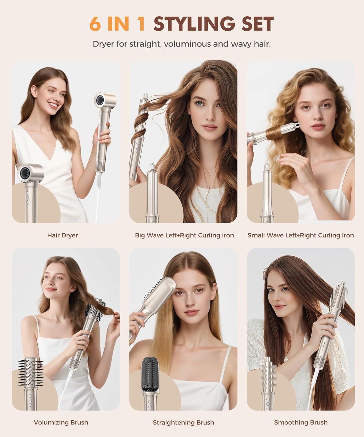 6-in-1 Gold Hair Dryer Brush and Styler with Auto-Wrap Curlers - Image 2