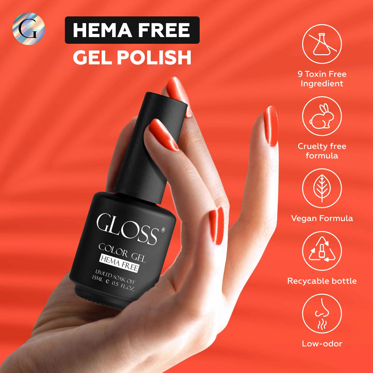 GLOSS Neon Coral 15ml HEMA-Free Gel Nail Polish for UV LED Curing - Image 5