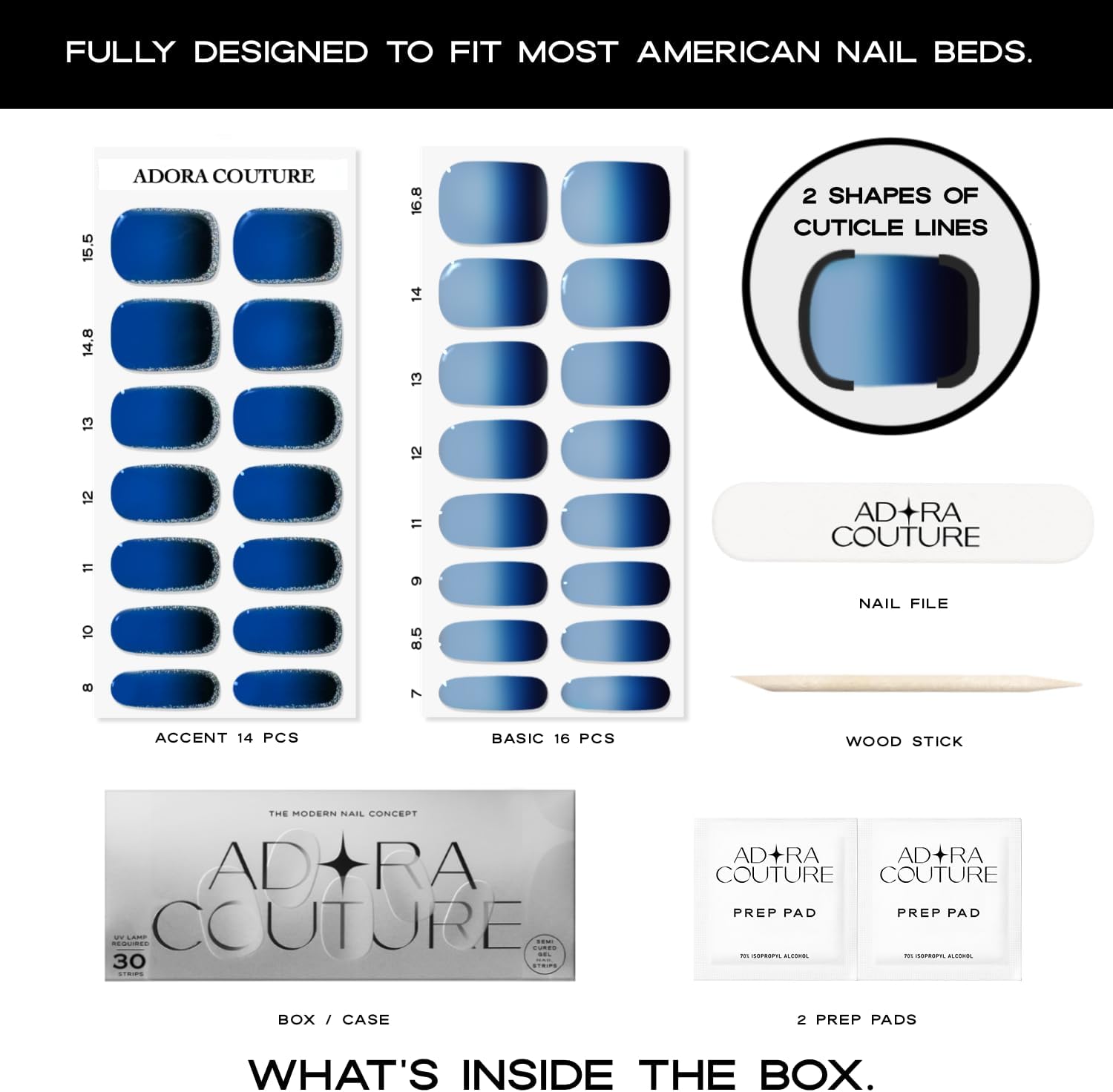30 Navy Blue Ombre Semi-Cured Gel Nail Strips for Women - Image 5
