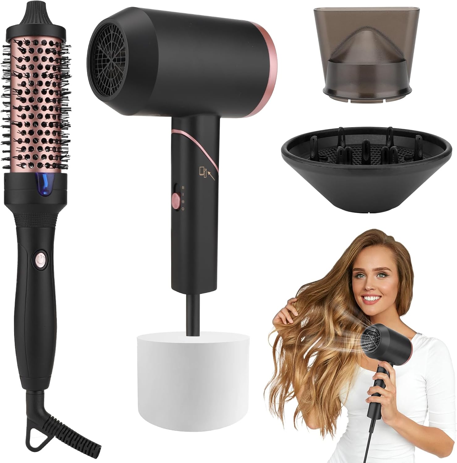 Ionic Hair Blow Dryer Brush Set,2 in 1 1800W Foldable Negative Ions Hair Dryer with Diffuser and Nozzle,Hot Air Brush, Ceramic Straightener, Curler & Hot Comb Salon Ionic Styling Tools