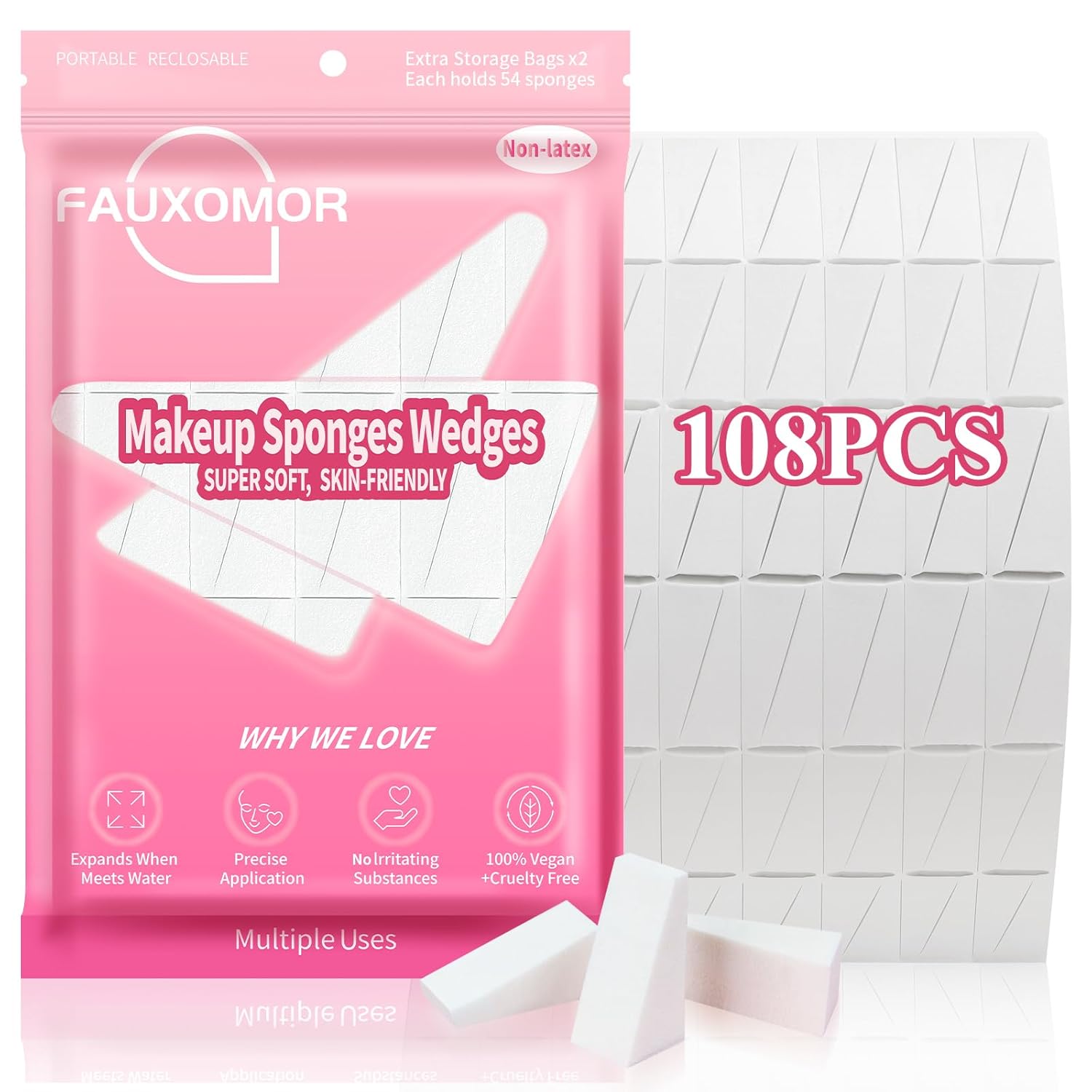 108 Pcs New Makeup Sponges Wedges for Face Foundation, Latex-Free Triangle Cosmetic Make Up Sponge for Flawless Application and Blending, Beauty Blender for All Skin Types with Two Pouches