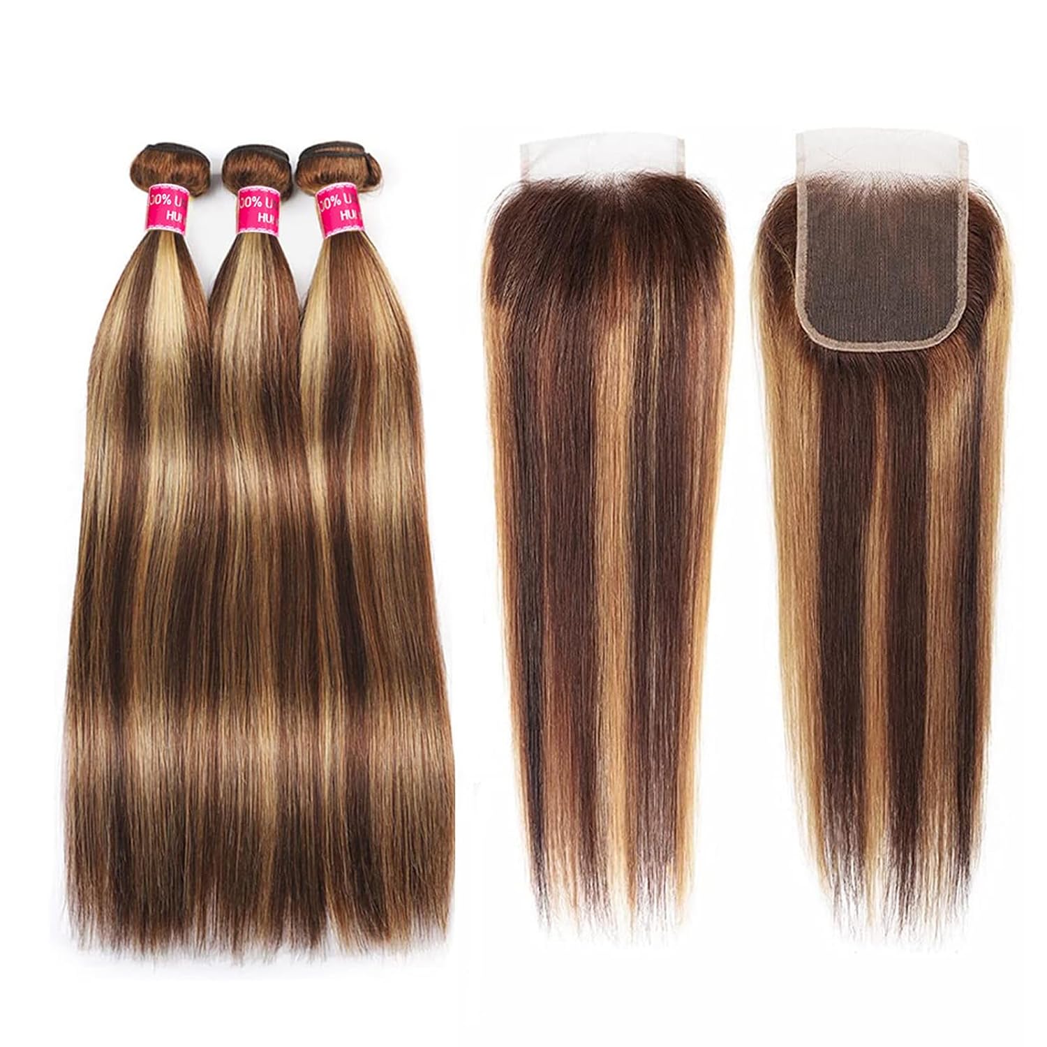 Honey Brown Ombre Human Hair Bundles with 4x4 Closure Soft Straight 3 Bundles 12 14 16 Inch - Image 6