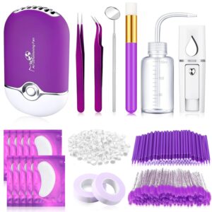 Eyelash Extension Supply Eyelash Extension Kit with USB Air Conditioning Blower Nano Facial Mister Silicone Pad Tweezers Eye Gel Pad Mini Brush Wash Bottle Mascara Brush Glue Ring (Purple)