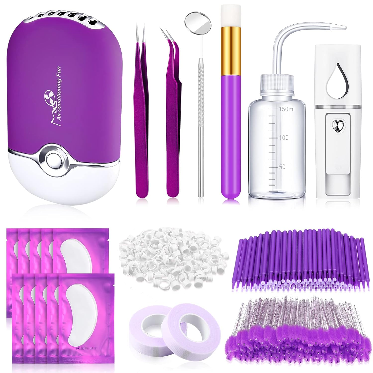Eyelash Extension Supply Eyelash Extension Kit with USB Air Conditioning Blower Nano Facial Mister Silicone Pad Tweezers Eye Gel Pad Mini Brush Wash Bottle Mascara Brush Glue Ring (Purple)