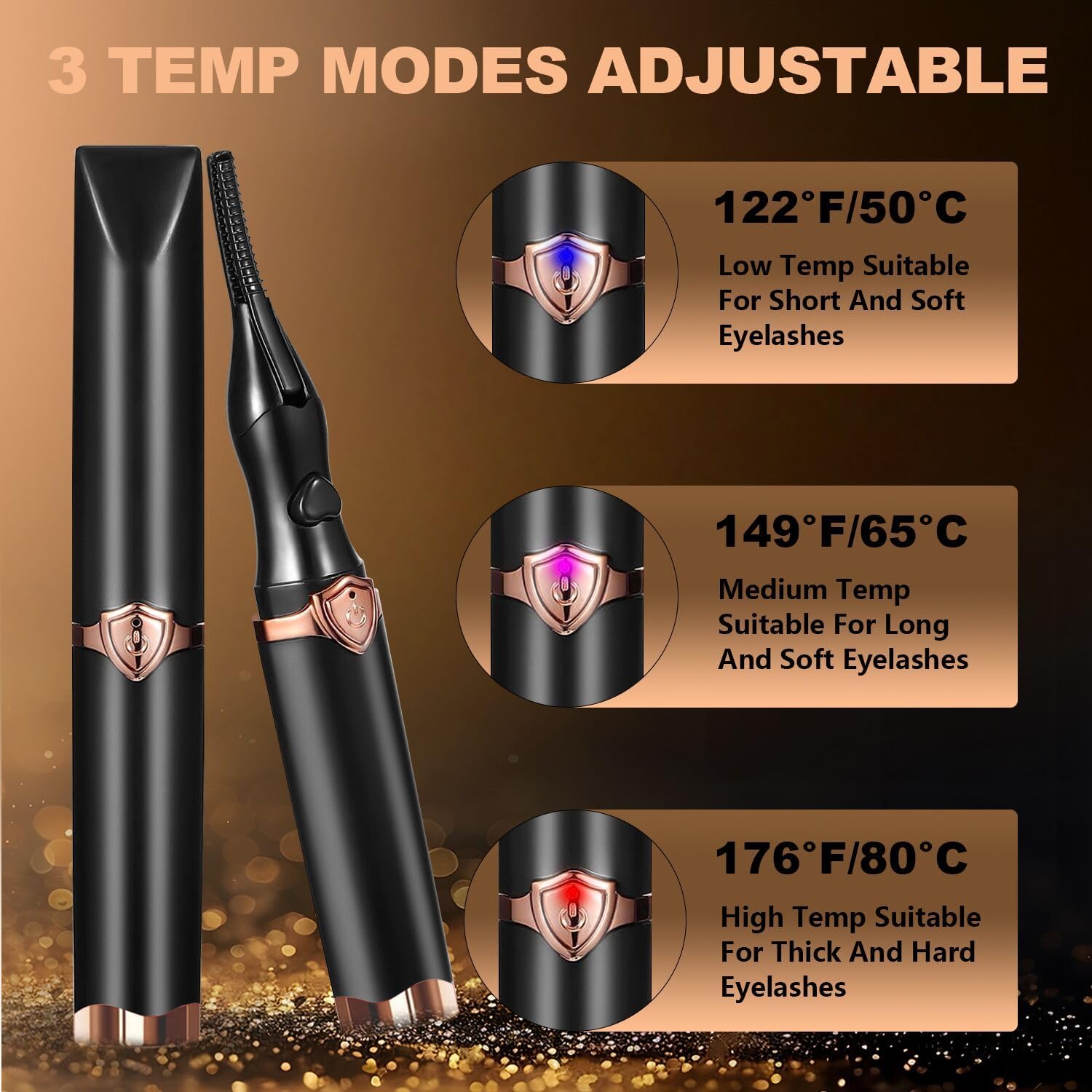 Heated Eyelash Curler USB Rechargeable 3 Heat Modes for Long-Lasting Curls Brown Black - Image 4