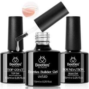 Beetles 3 Pcs Gel No Wipe Base Top Coat Gel Nail Polish & Builder Set, Shine Finish and Long Lasting, Soak Off LED Transparent Building Strengthener Hard Gel for Nail Art