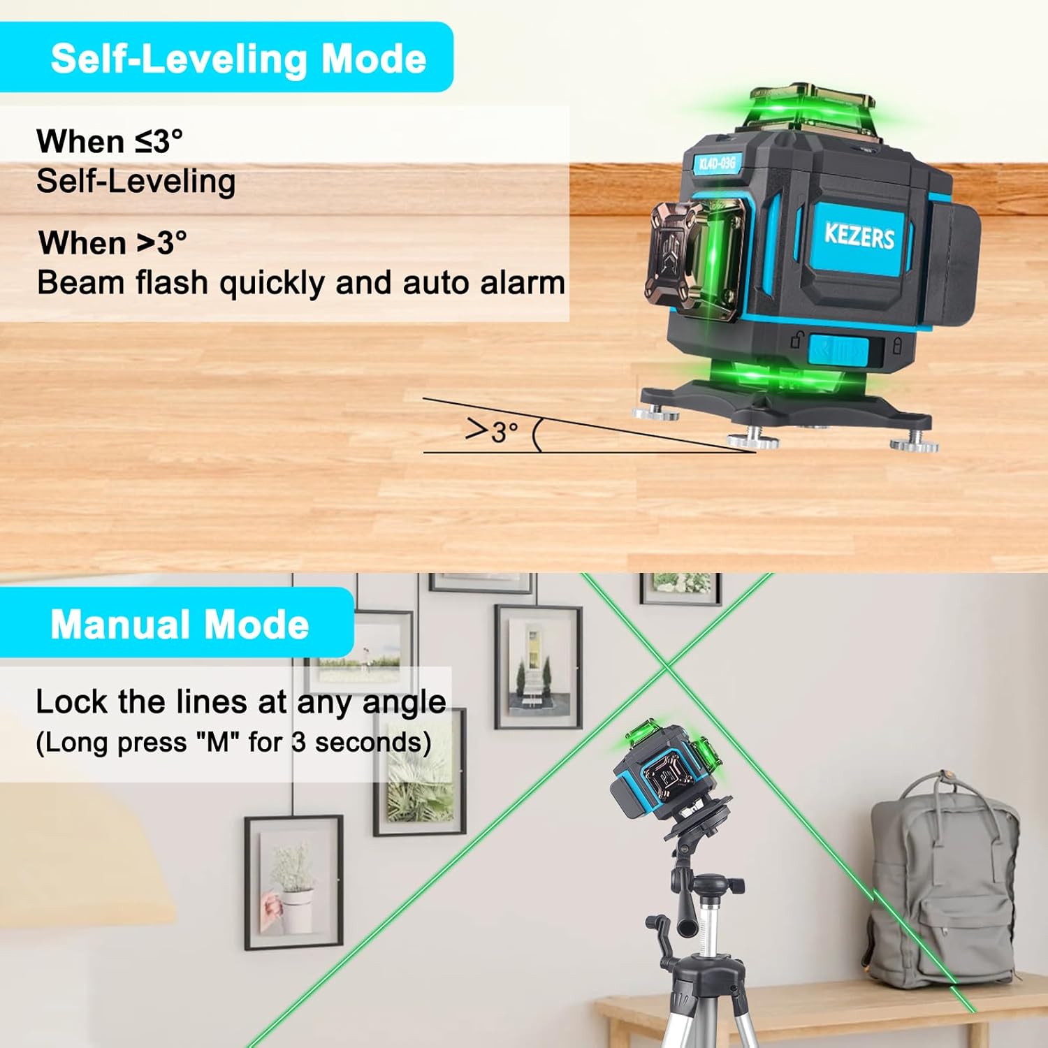 KEZERS 4x 360 Degree Green Laser Level Self-Leveling Alignment Tool with Remote Control - Image 5
