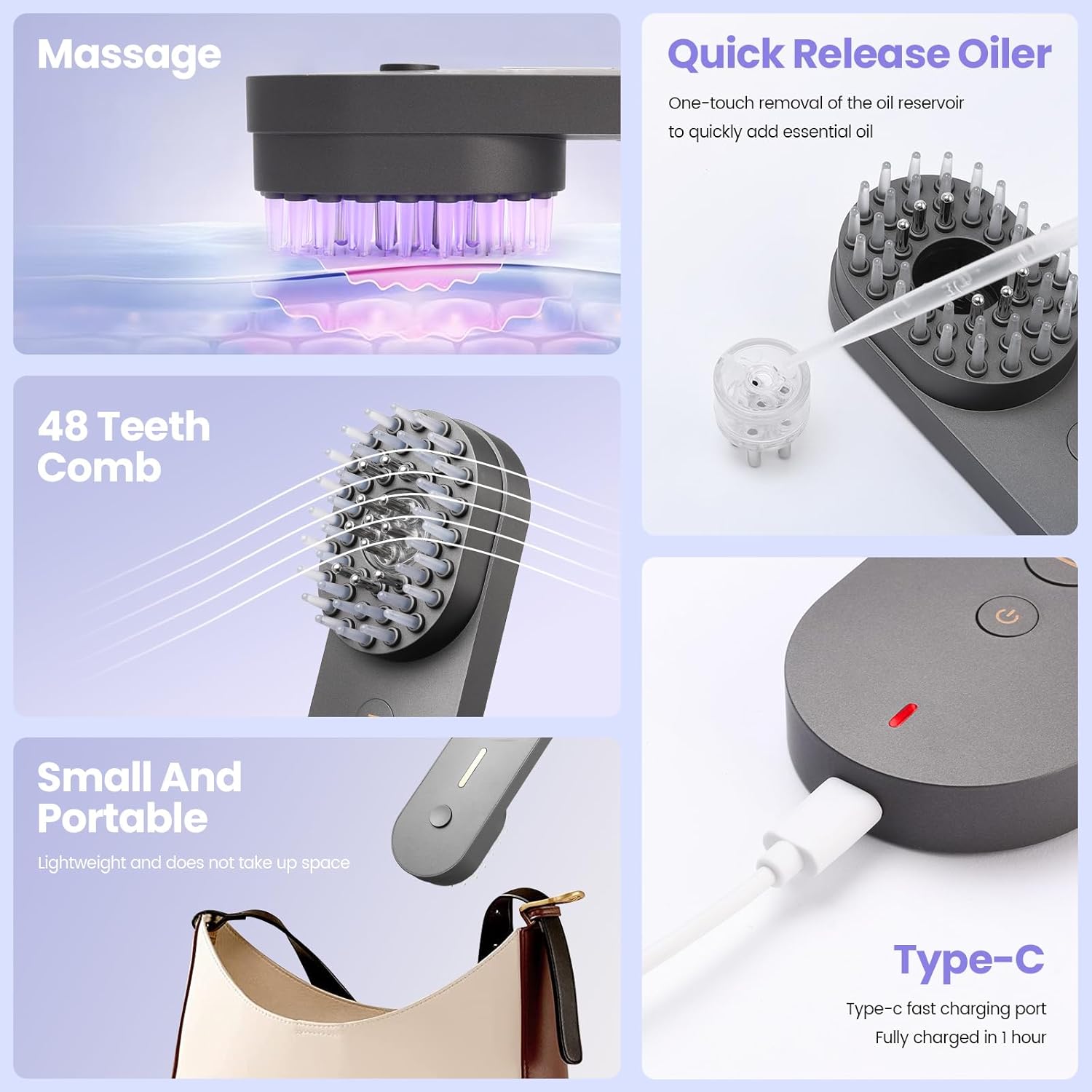 UNIWA Cordless Electric Grey 3-in-1 Scalp Massager, Hair Growth Brush, and Oil Applicator - Image 3