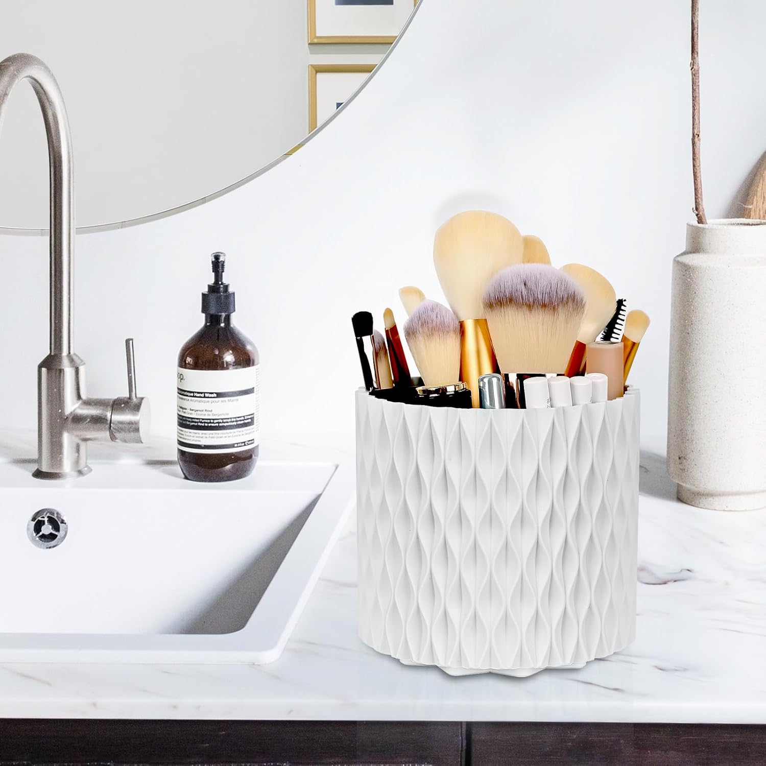 Pearl White 360 Rotating Makeup Brush Holder with 5 Slots for Vanity - Image 5