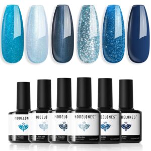 modelones Gel Nail Polish Set 6 Colors Blue Glitter Galaxy Dark Blue 9D Cat Eye Gel Nail Polish with Magnet Light White Shimmer Pearl Patel Summer Gifts Soak Off Led Nail Art DIY Salon Gift For Women
