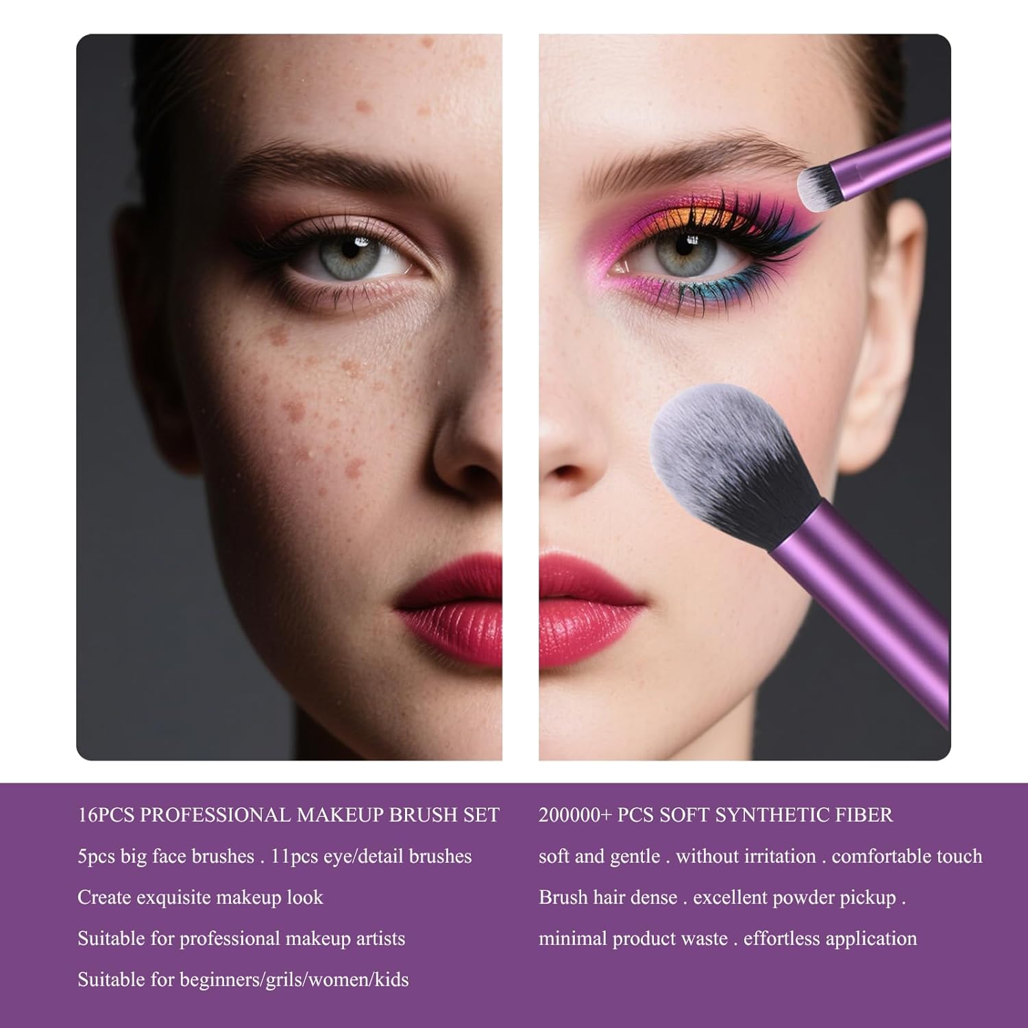 22 Piece Purple Makeup Brush Set with Case, Soft Synthetic Hair for Foundation and Eyeshadow - Image 2