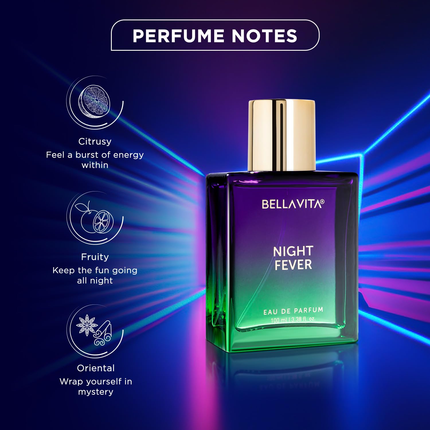 Bellavita Luxury Night Fever Unisex Eau de Parfum 100ml with Bergamot, Peach, Musk, Vanilla - Image 3