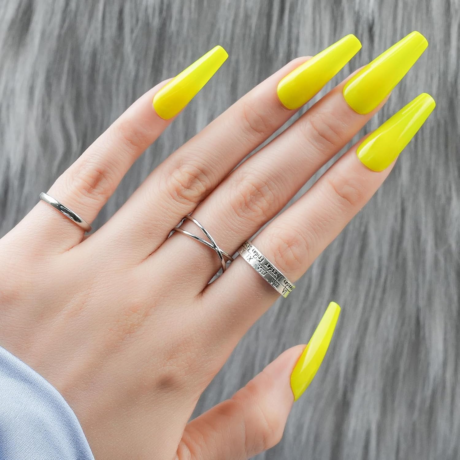 24pcs Long Coffin Press on Nails, Reusable Glossy Acrylic Fluorescent Yellow Nail Tips - Image 2