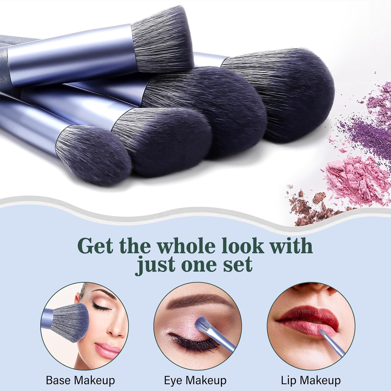 17-Piece Blue Makeup Brush Set with Organizer Case Foundation Eyebrow Blending - Image 4