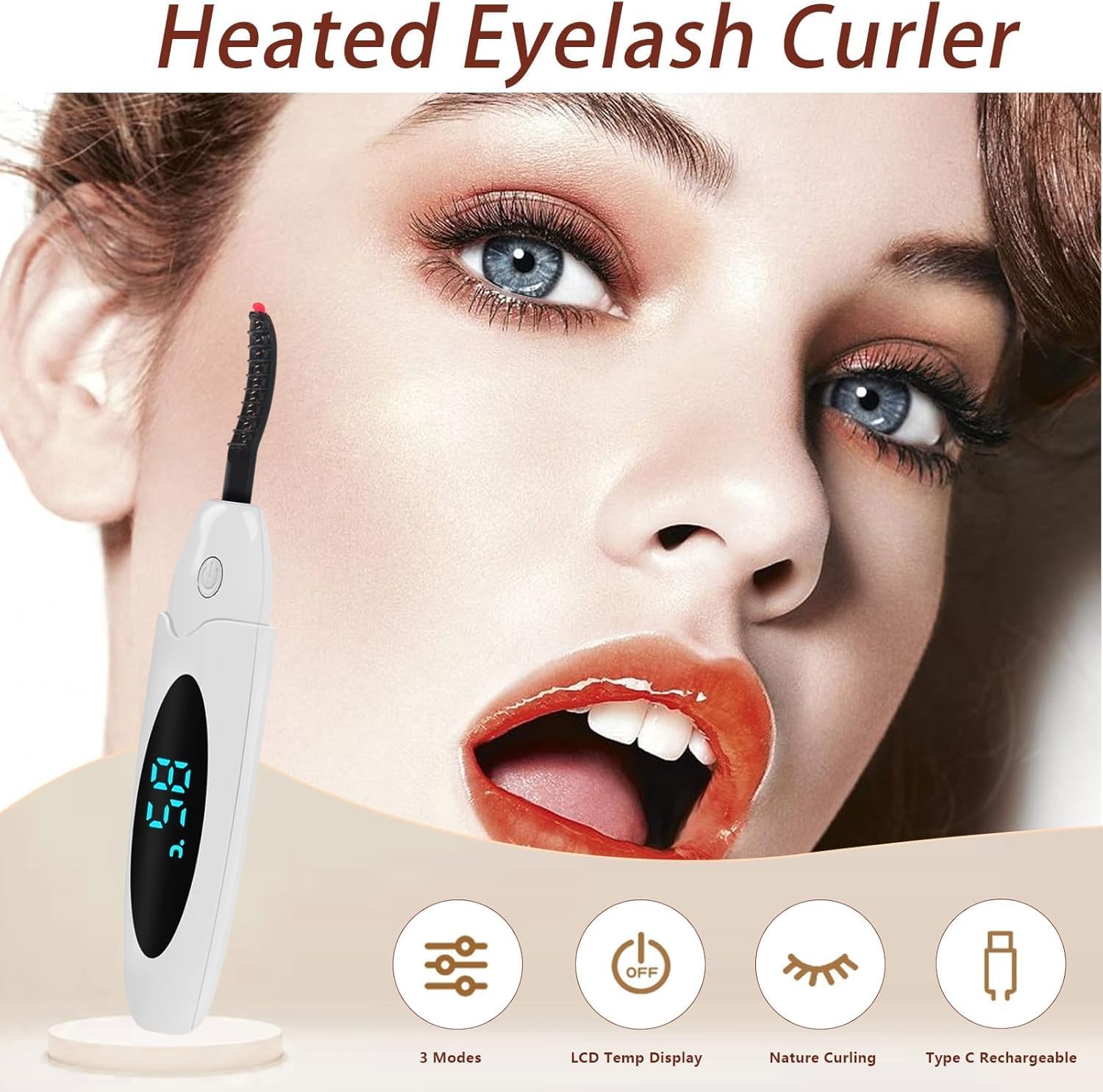 USB Rechargeable Heated Electric Eyelash Curler LED Display 3 Temp Modes 24H Long Lasting - Image 2