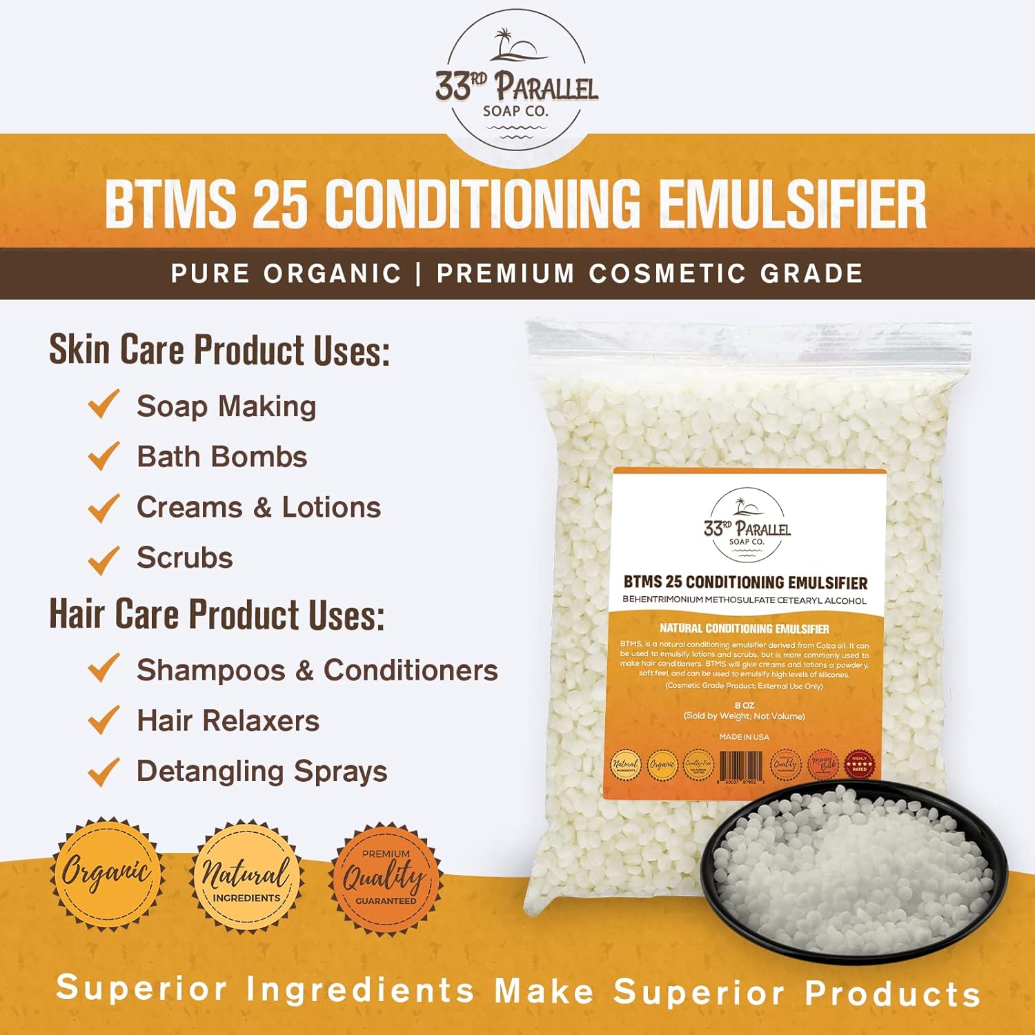 33RD PARALLEL BTMS 25 Conditioning Emulsifier 8 oz Behentrimonium Methosulfate Conditioner - Image 3
