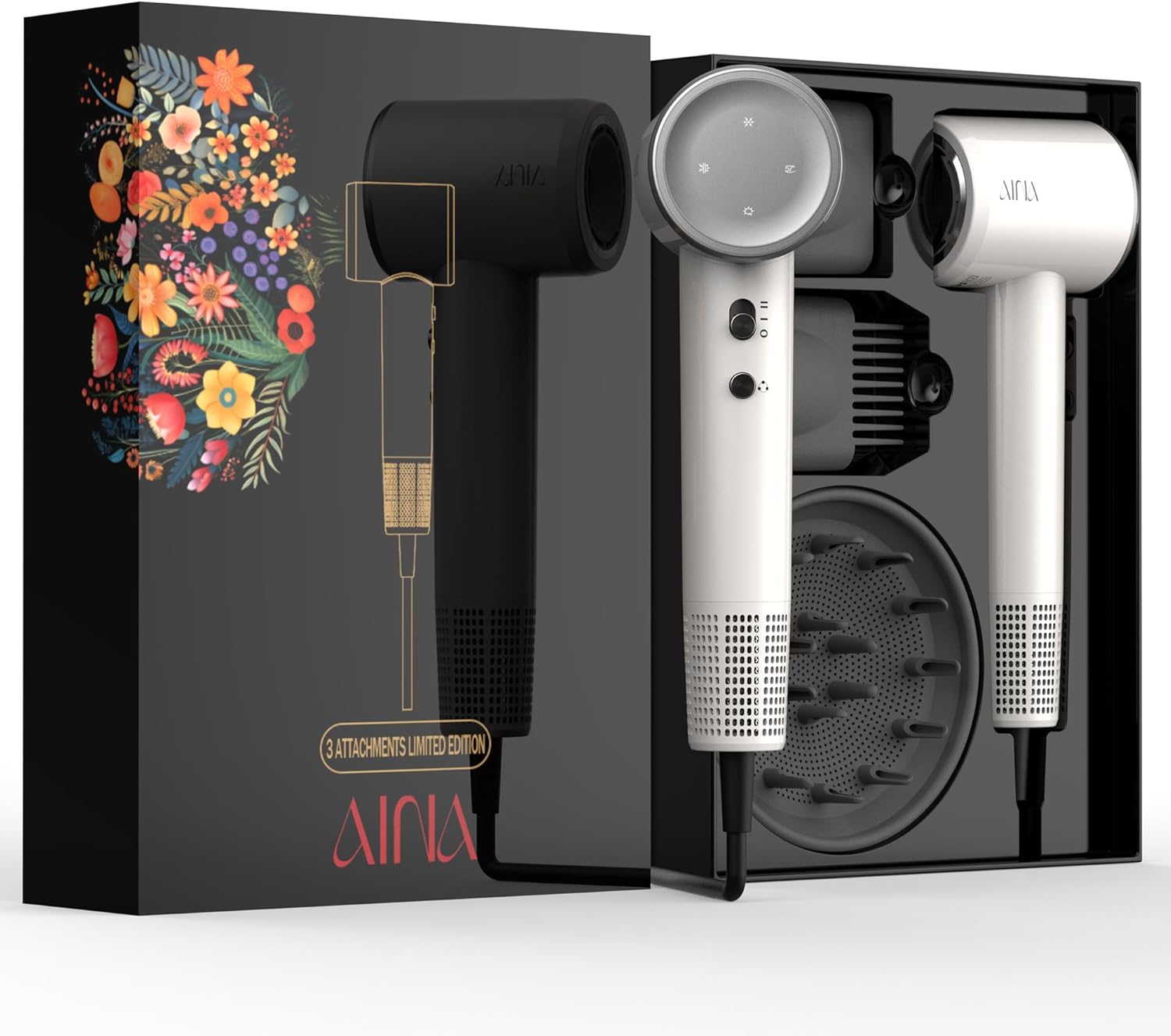 AINA Hair Dryer,Blow Dryer with Diffuser Brush Comb for Women - BLDC Hair Dryer - Brushless Motor, 110,000 RPM Lightweight,Ionic Travel, 3 Magnetic Attachments 110V/ALCI(Ivory White)