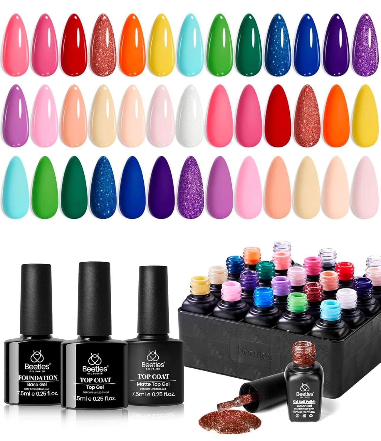 Beetles Summer Gel Polish Set 23pcs Rainbow Gel Nail Polish Pink Orange Green Red Glitter Color with Base Glossy and Matte Top Coat Manicure Kit Soak Off Uv Led Gifts for Women