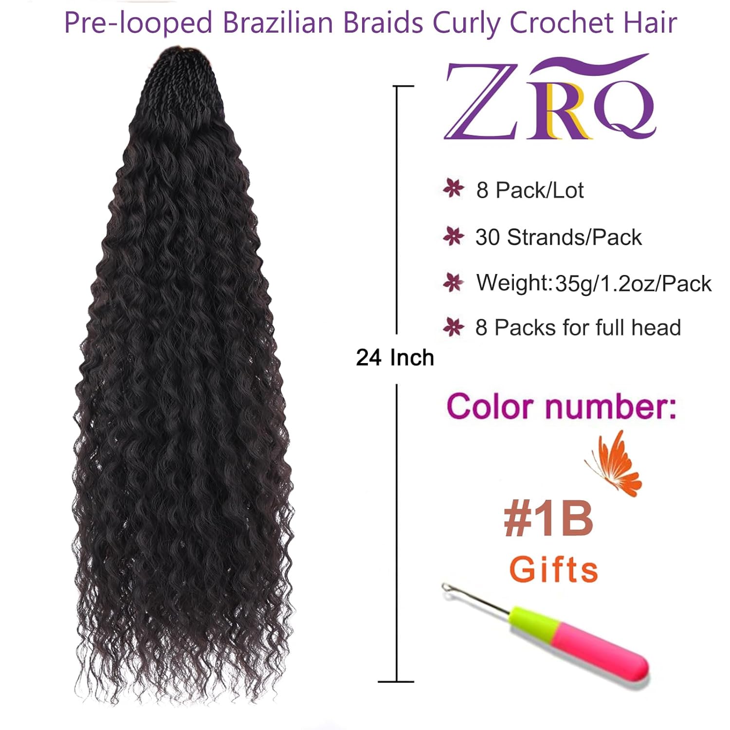 ZRQ 24 Inch Pre-looped Micro Brazilian Braids Curly Crochet Hair Extensions for Women - Image 3