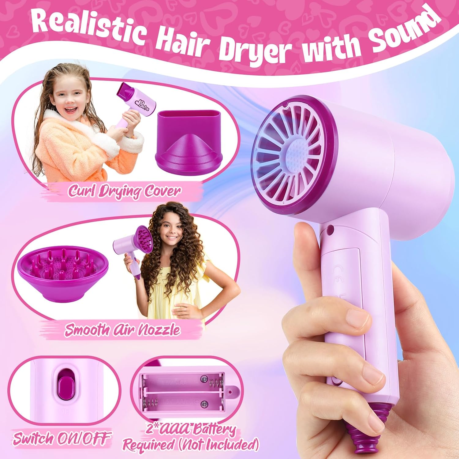 40-Piece Kids Hair Salon Playset with Realistic Hairdryer, Curling Iron, Mirror, and Fun Accessories - Image 3