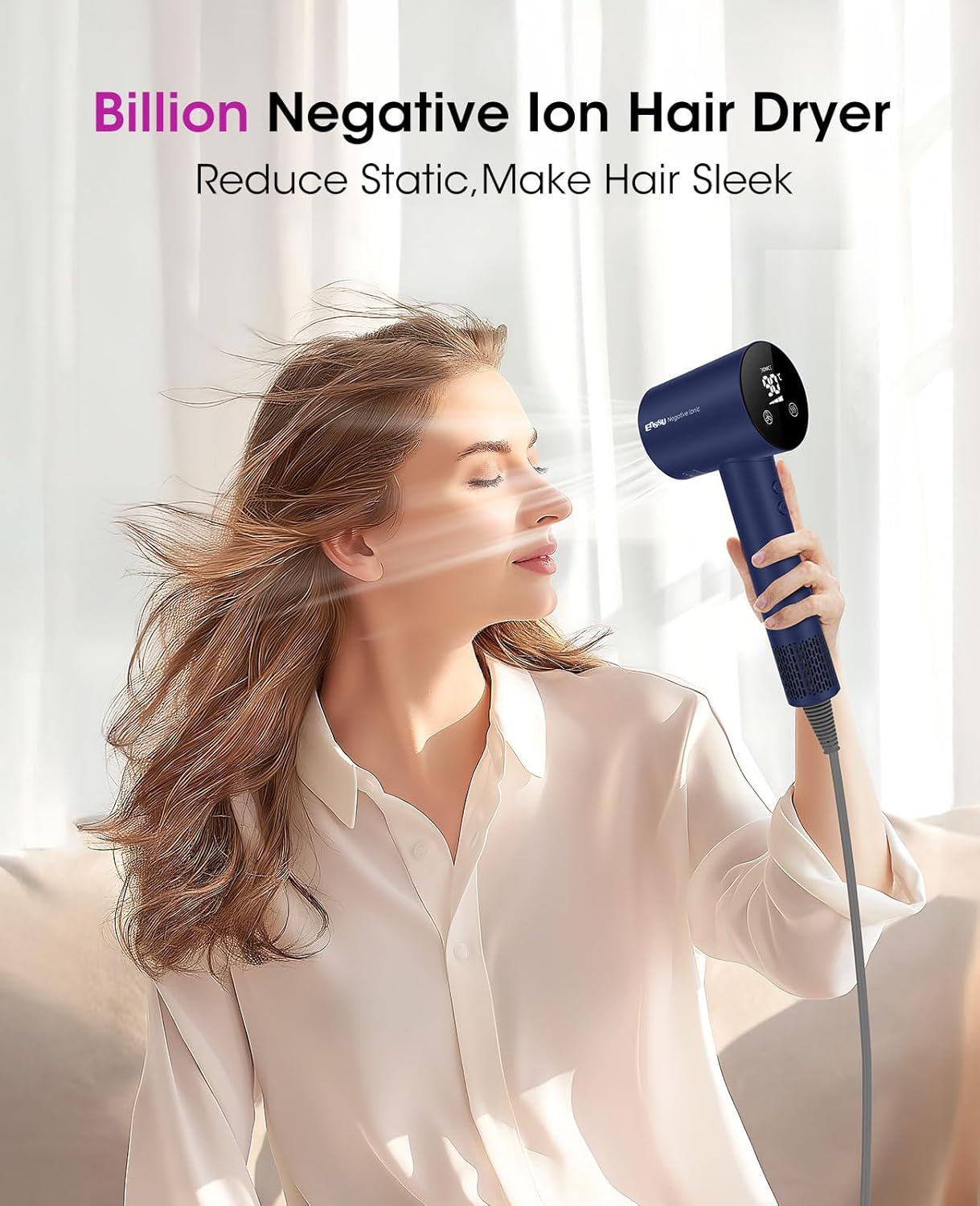 Hair Dryer with 110000 RPM Brushless Motor, HD Digital Display, Low Noise, Compact for Travel and Salon Use, Purple Blue - Image 2