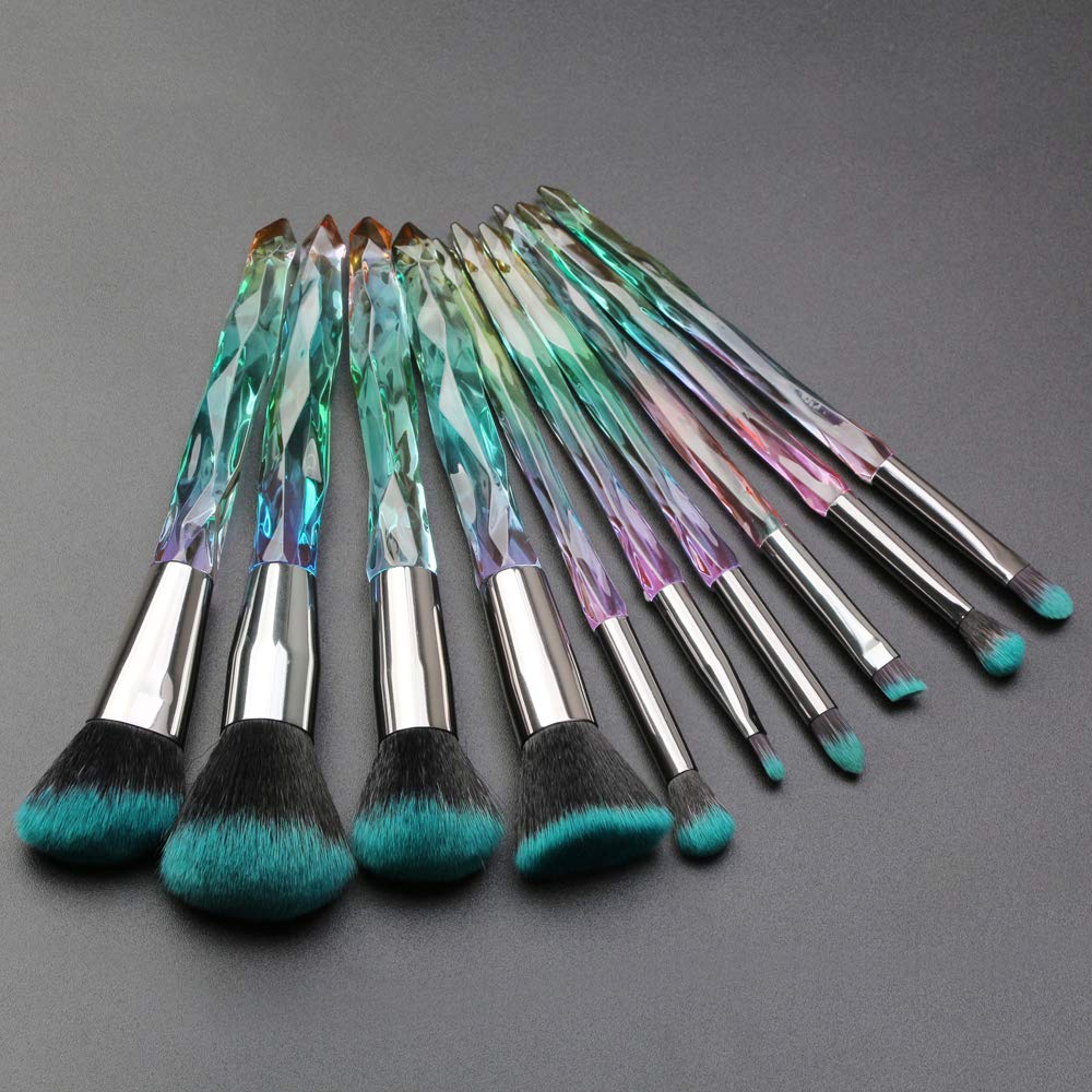 10 Piece Crystal Handle Makeup Brush Set with Kabuki, Foundation, and Eye Brushes - Green - Image 2