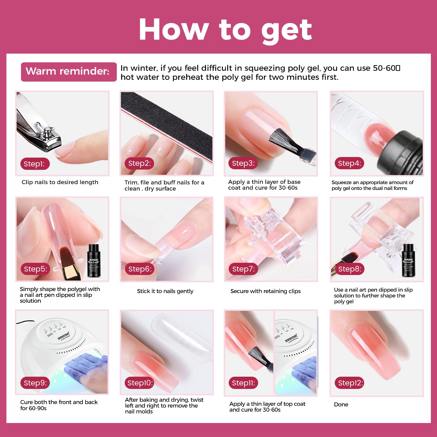 JEWHITENY 28 Color Poly Nail Gel Kit with Base and Top Coat for DIY Nail Art - Image 8