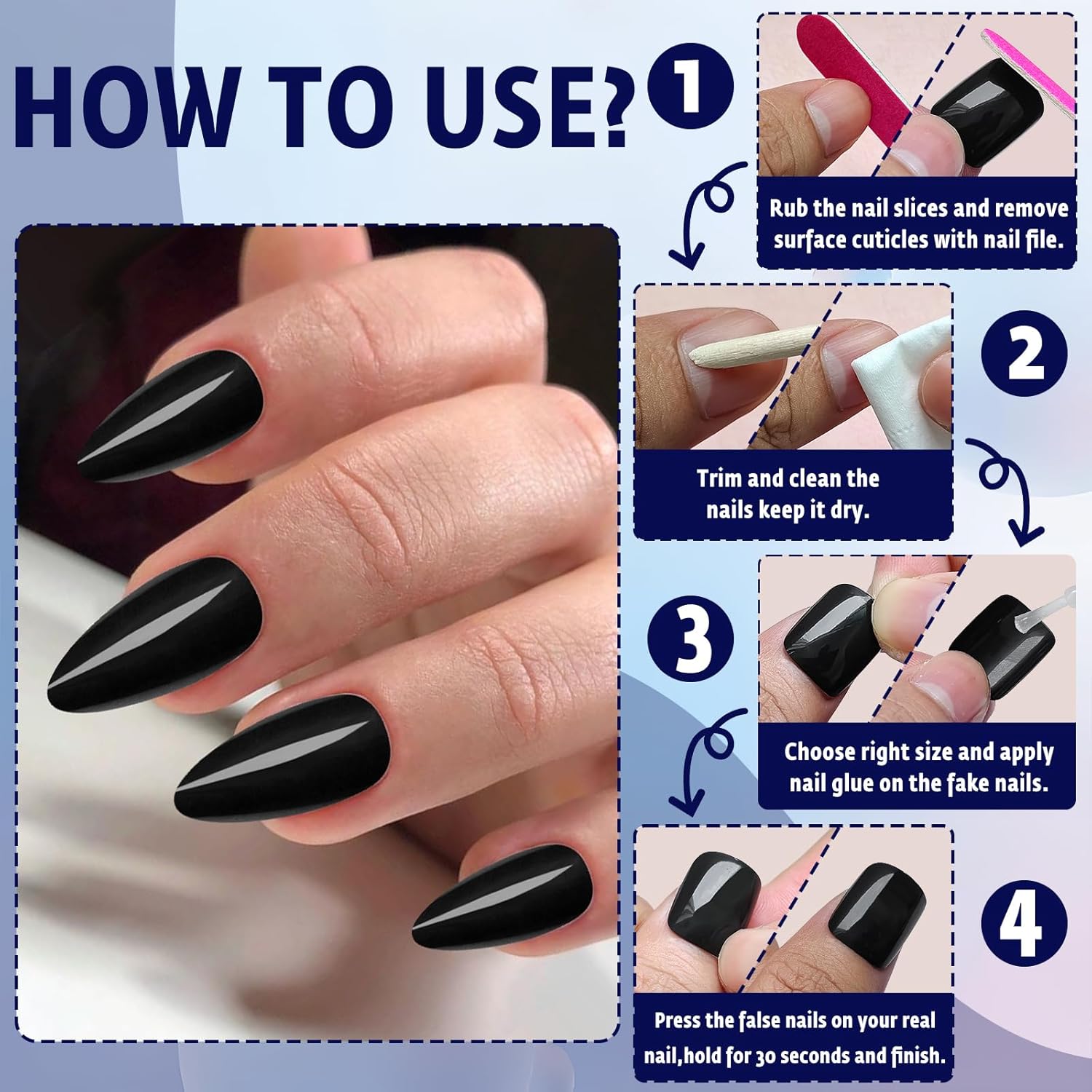 240 Piece Glossy Black Almond Shape Full Cover Acrylic Fake Nails for Women - Image 6