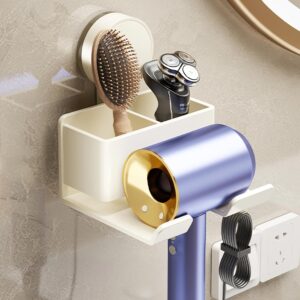 Hair Dryer Holder Wall Mounted, Bathroom Space-Saving Blow Dryer Organizer, Self Adhesive Magnesium Aluminum Alloy Compatible for Dyson Hair Dryer Wall Mounted (White)