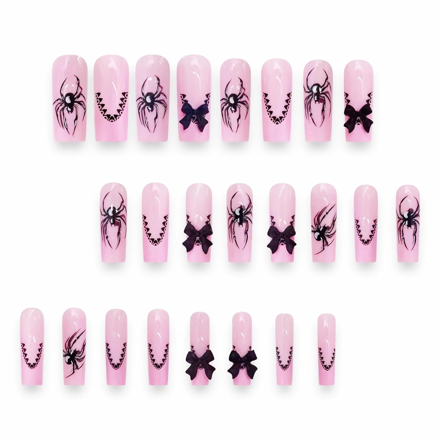 BABALAL 24Pcs Long Square Press on Nails with Black Spider Goth Design and Bow Charm - Image 4