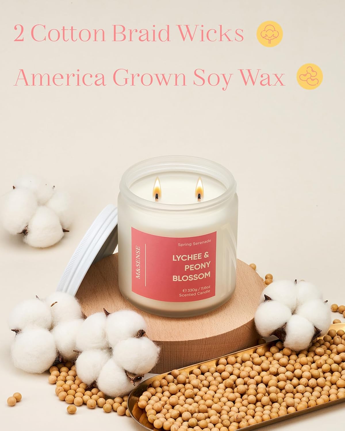M&SENSE Lychee Peony Peach Scented Candle 11.6oz Natural Soy Wax 2-Wick for Relaxation - Image 3