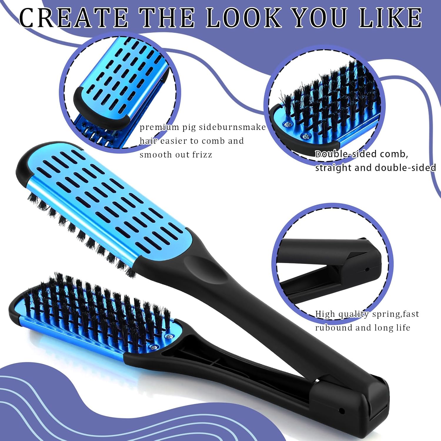 CHENGU 2-Piece Hair Straightening Comb Set, Boar Bristle, Double-Sided, Blue and Black - Image 3