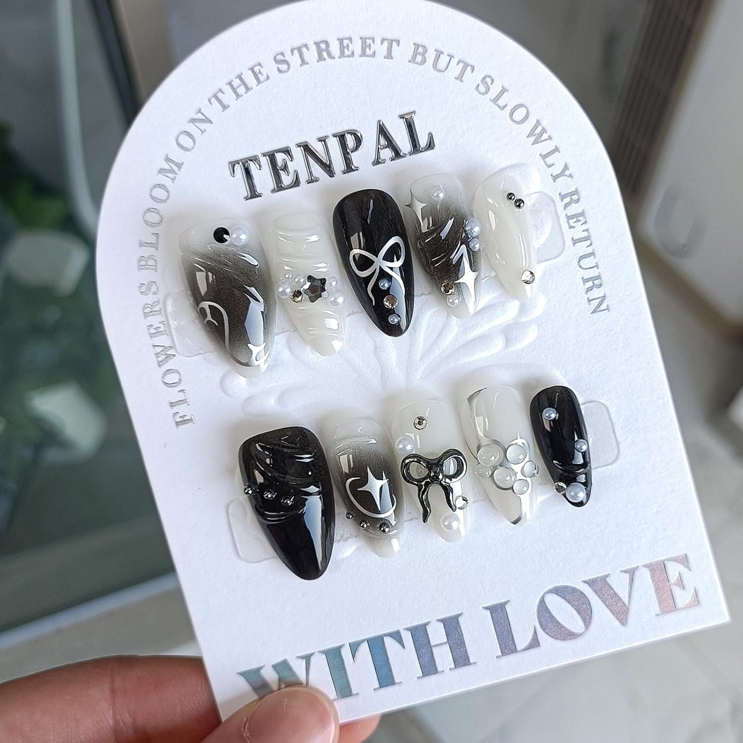 Goth Edgy Almond Press on Nails 24pcs with 3D Bow and Silver Star Embellishments - Image 4