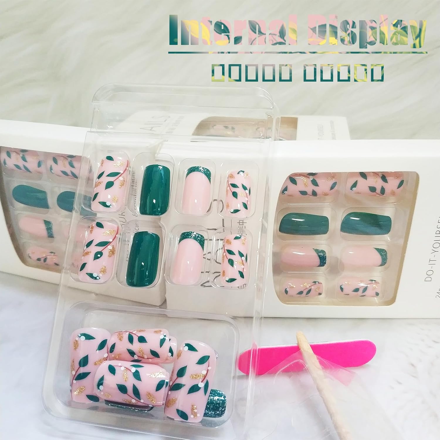 24Pcs Short Coffin Press on Nails with Sparkly Leaves Design for Women and Girls - Image 7