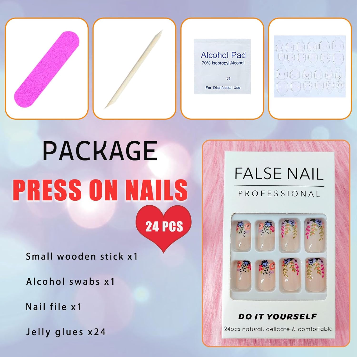 Glossy Flower Design Short Square Press on Nails - 24 Pcs Nude Artificial Full Cover Nails - Image 6
