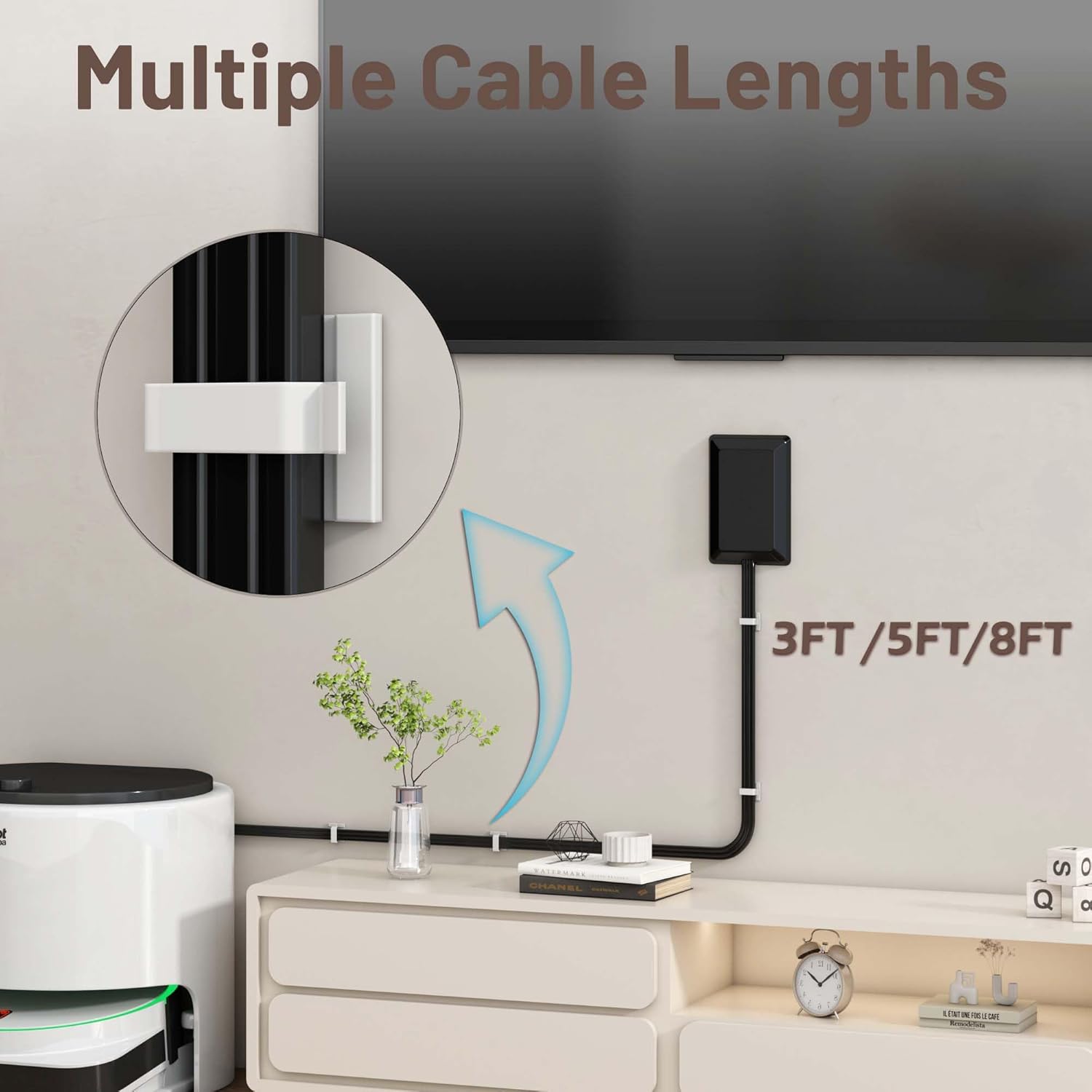 Flat Plug Extension Cord 3FT with Ultra Thin Outlet Concealer and 3 Outlet Power Strip in Black - Image 8