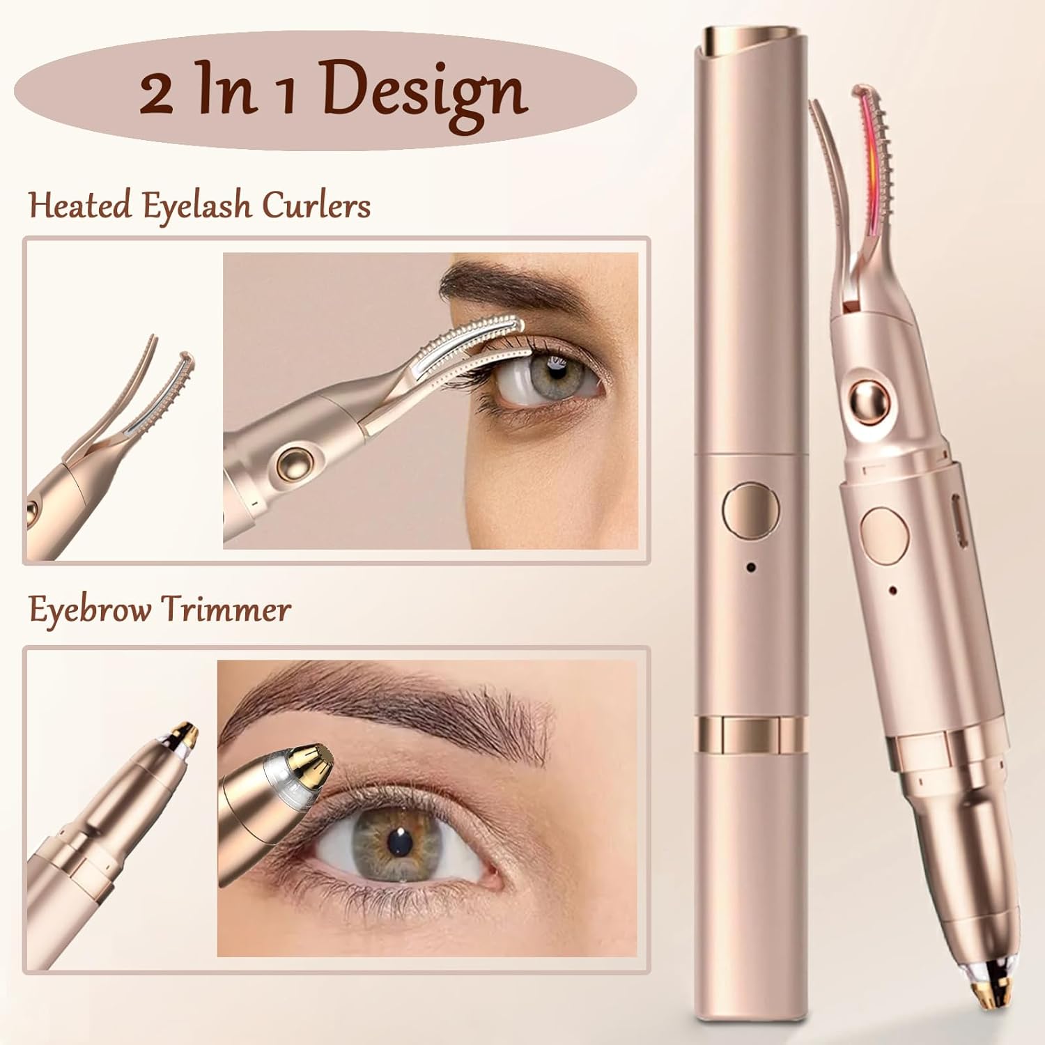 USB Rechargeable 2-in-1 Heated Eyelash Curler and Eyebrow Trimmer, 2 Temperature Modes - Image 2