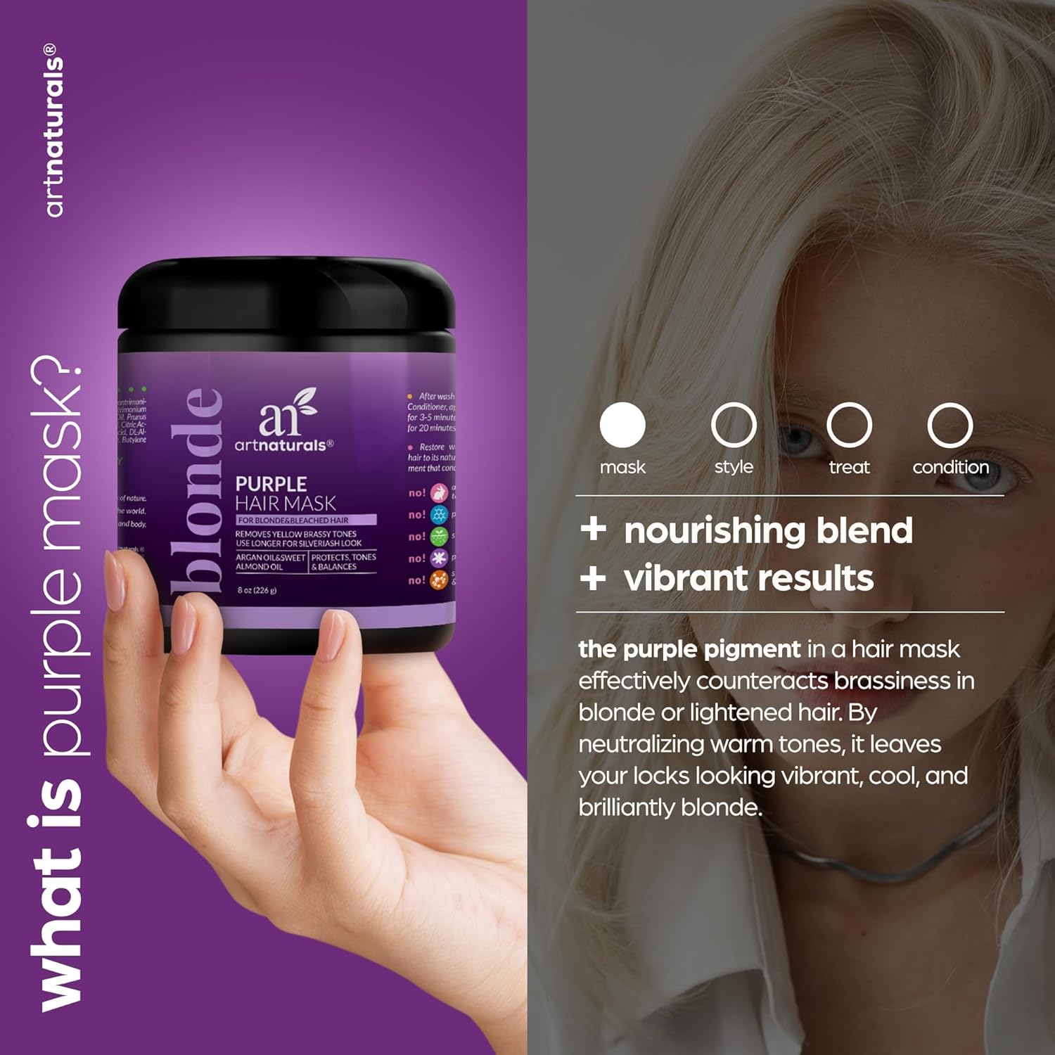 Artnaturals Purple Hair Mask for Blonde, Silver & Platinum Hair - Removes Yellow Brassy Color, Repairs Dry & Bleached Hair - Deep Conditioning Treatment Hair Moisturizer - Sulfate Free (8 Oz/226g) - Image 2