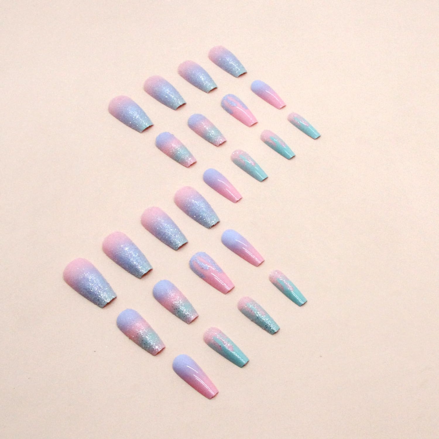 Ombre Medium Coffin Press on Nails 24 Piece Reusable Glitter Macaron Gradient Set - Image 3
