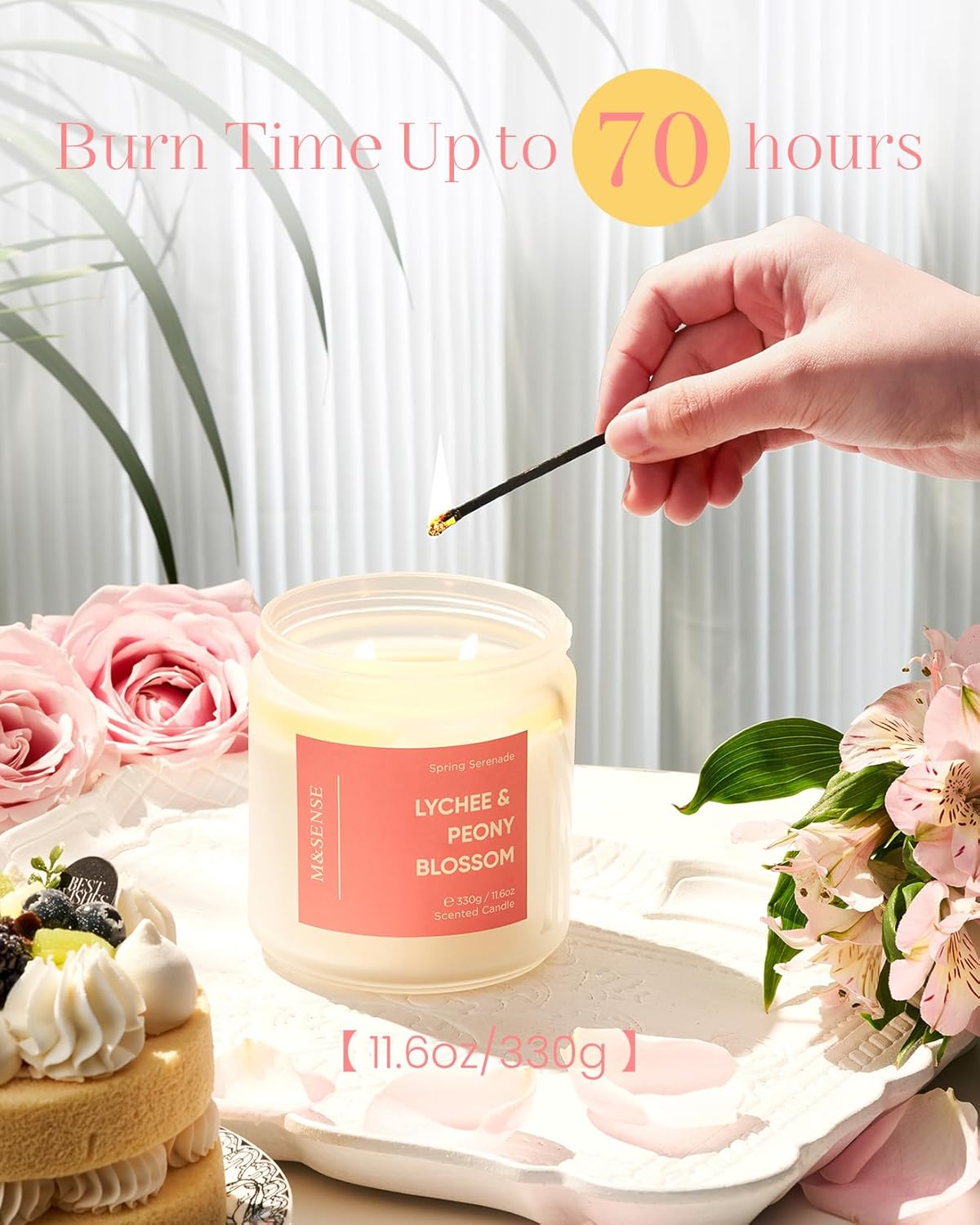 M&SENSE Lychee Peony Peach Scented Candle 11.6oz Natural Soy Wax 2-Wick for Relaxation - Image 4