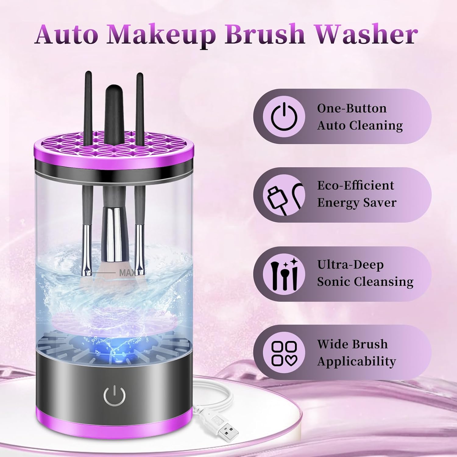 Electric Makeup Brush Cleaner Machine for Deep Cleaning All Brush Types, Portable Design - Purple - Image 2