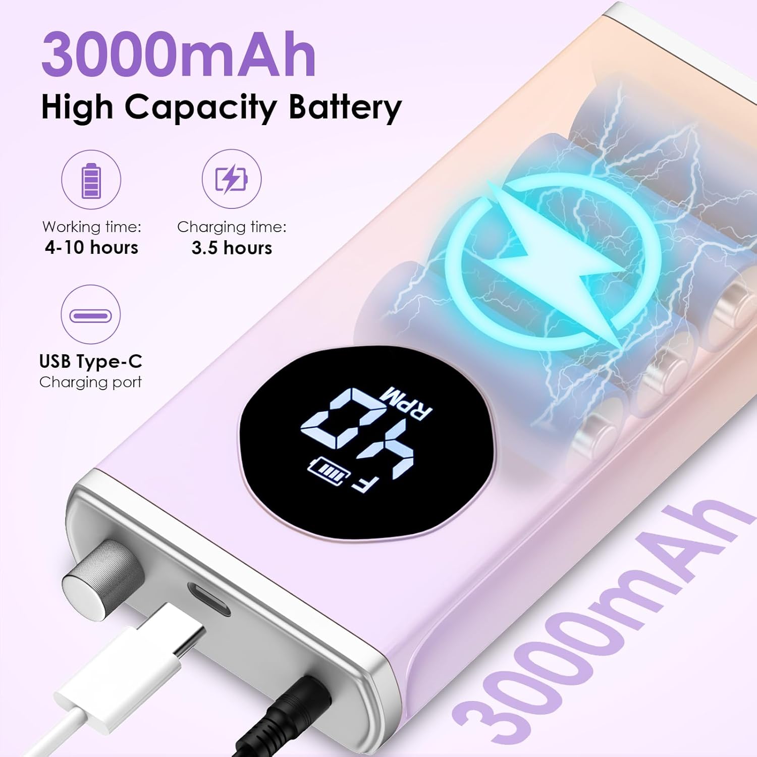 Rechargeable Electric Nail Drill 40000RPM E-Filer with 15 Bits Purple - Image 2