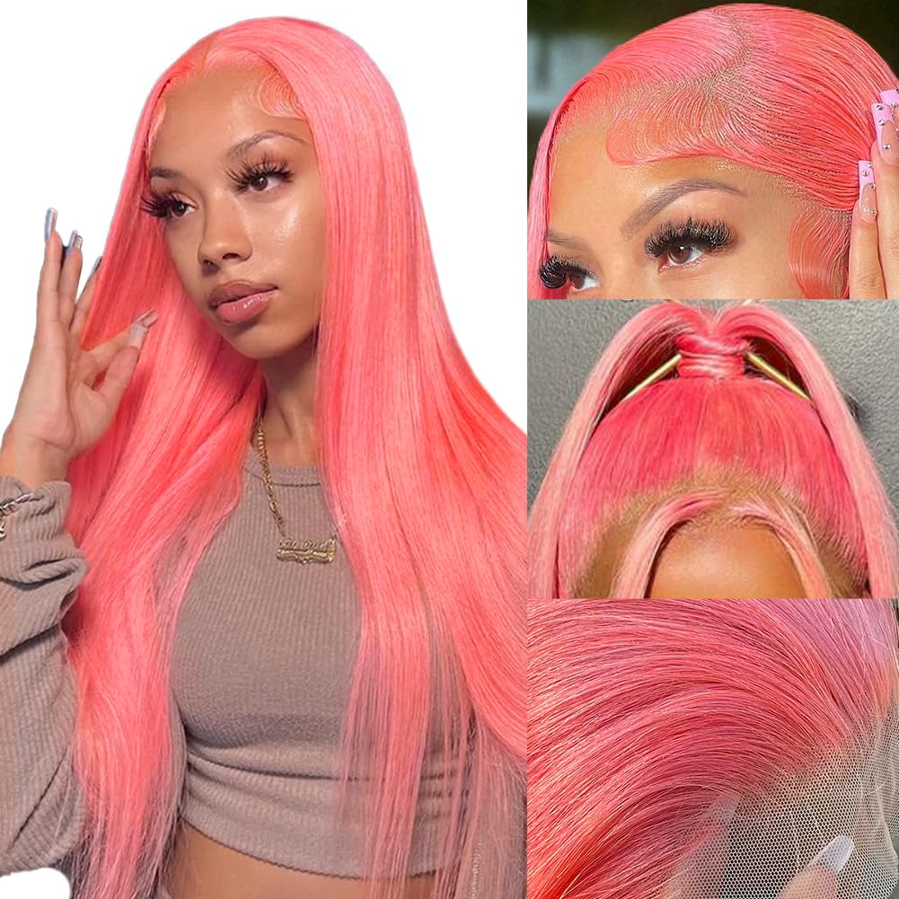 Pink Lace Front Wig Human Hair 18 Inch 13x4 Cotton Candy Pink Straight HD Lace Frontal Wig Human Hair Pre Plucked with Baby Hair Bubblegum Pink Lace Closure Human Hair Wig 150 Density for Women