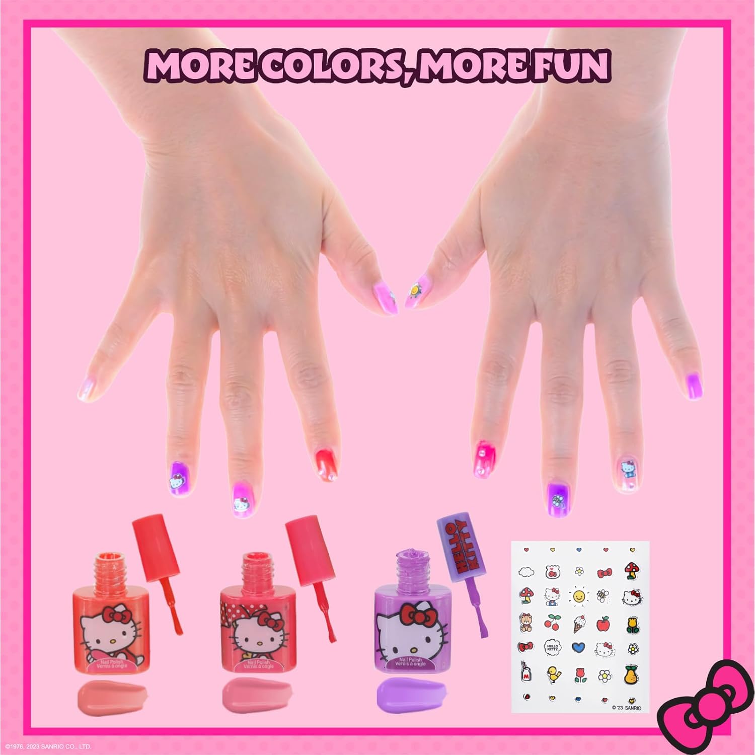 Hello Kitty Kids Peel-Off Water-Based Nail Polish Set, Glittery Opaque Colors with Accessories, Ages 3+, New - Image 6