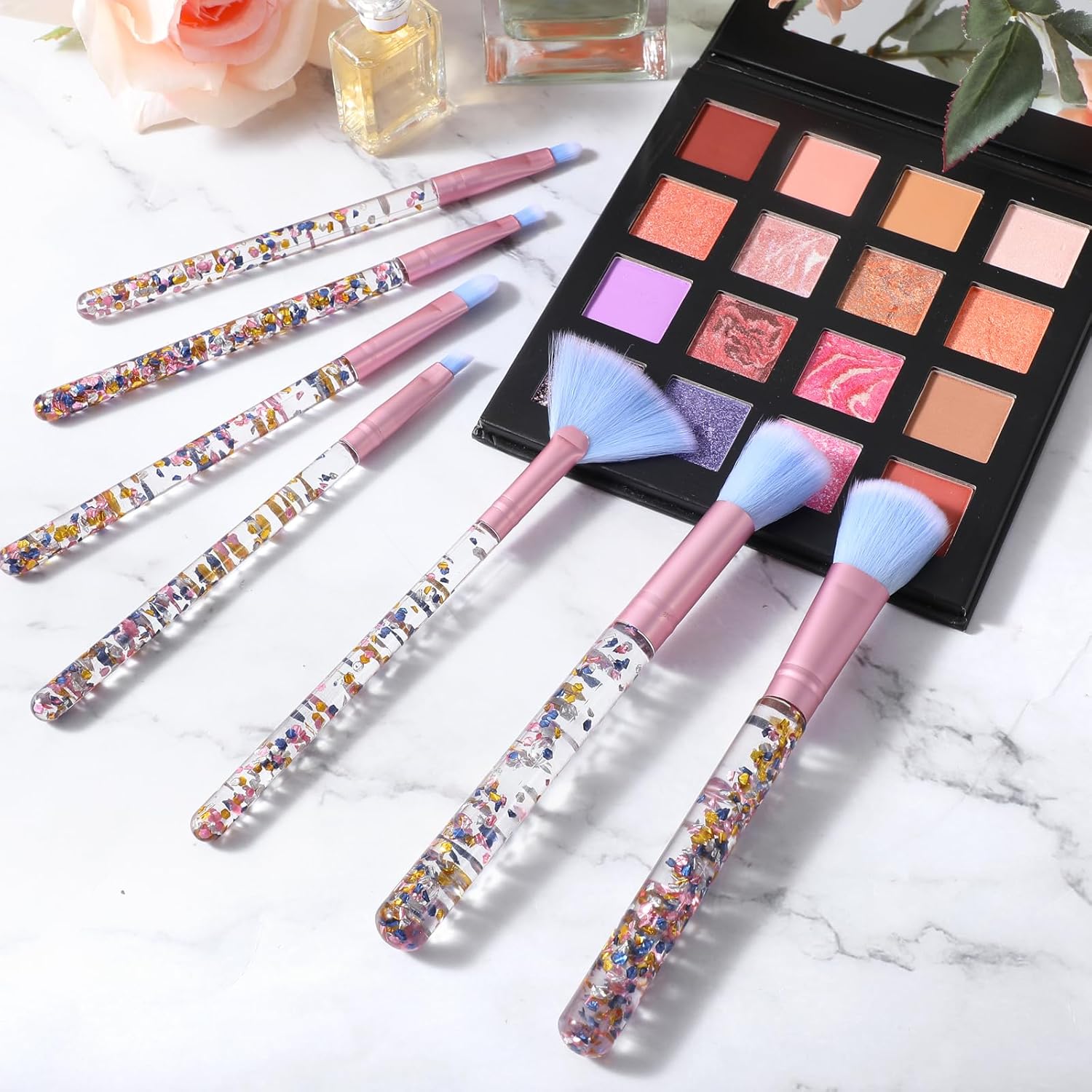 7 Piece Cute Pink Makeup Brush Set with Sparkly Sequins Handle for Foundation, Blush, and Eyeshadow - Image 4
