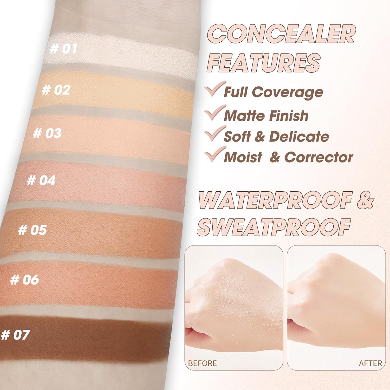 Waterproof Matte Full Coverage Cream Concealer Makeup Kit with Brush 0.35 oz #02 Light Cream - Image 3