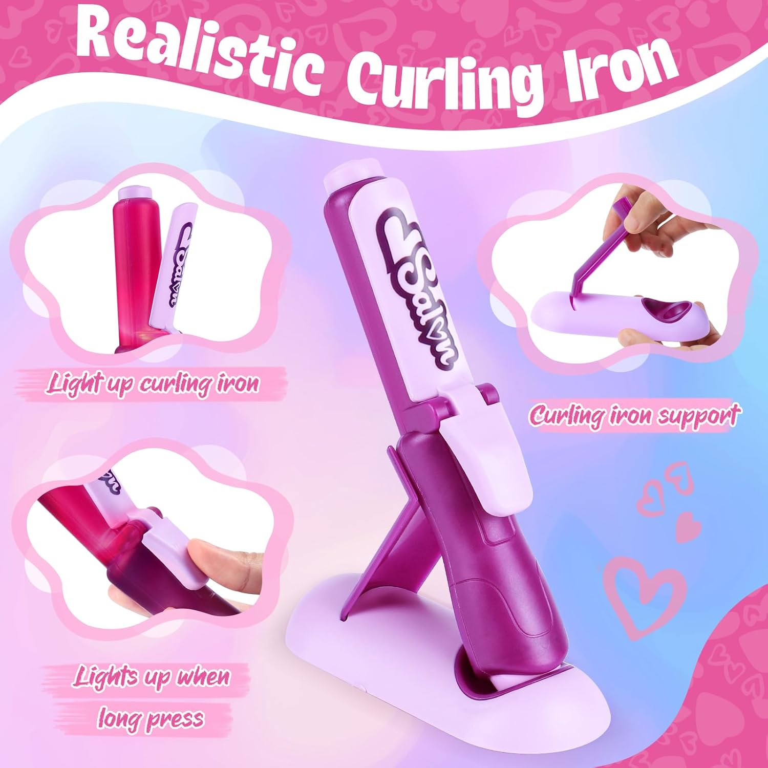 40-Piece Kids Hair Salon Playset with Realistic Hairdryer, Curling Iron, Mirror, and Fun Accessories - Image 4
