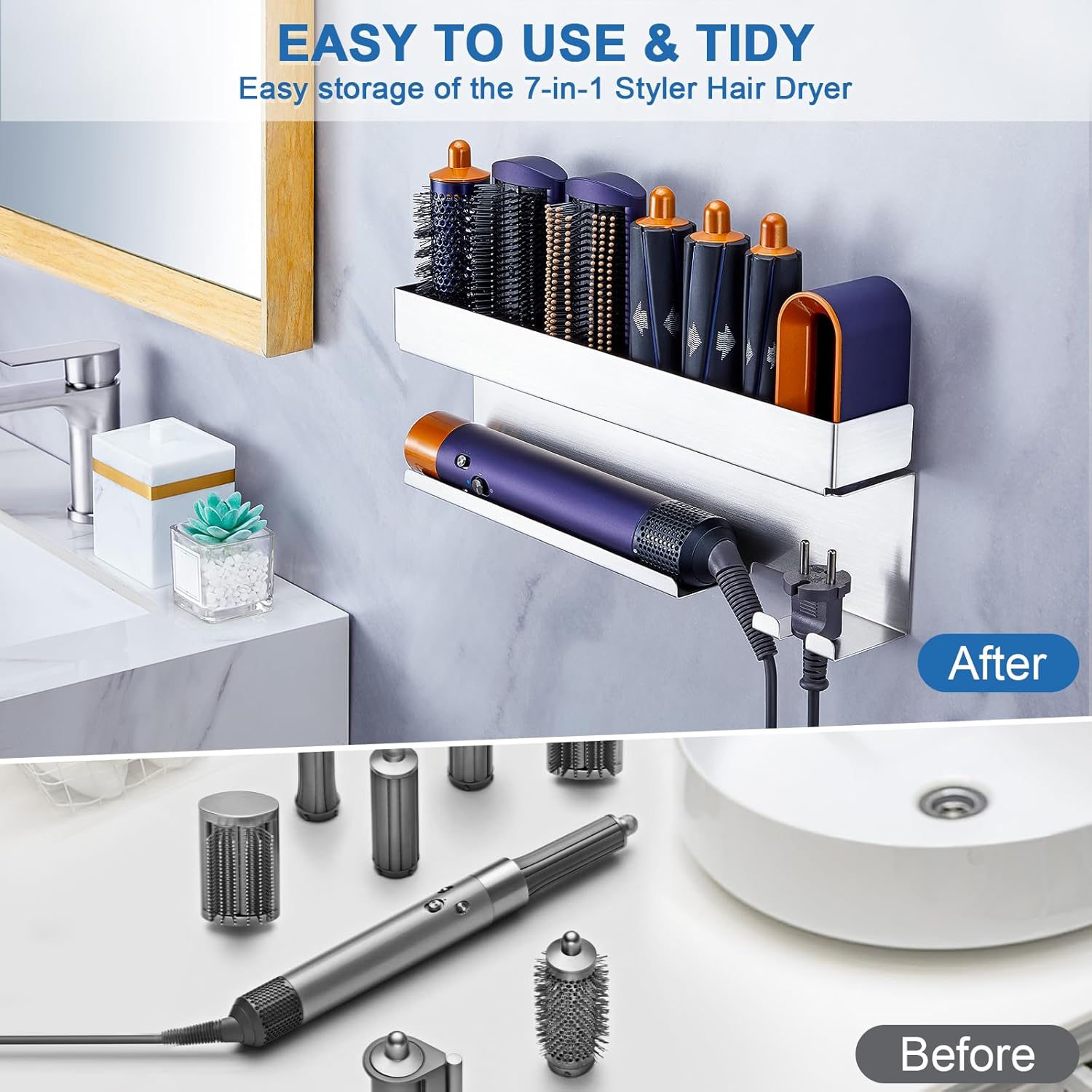 Stainless Steel Hair Dryer Holder Wall Mount Organizer for Bathroom Hair Tool Storage - Image 7
