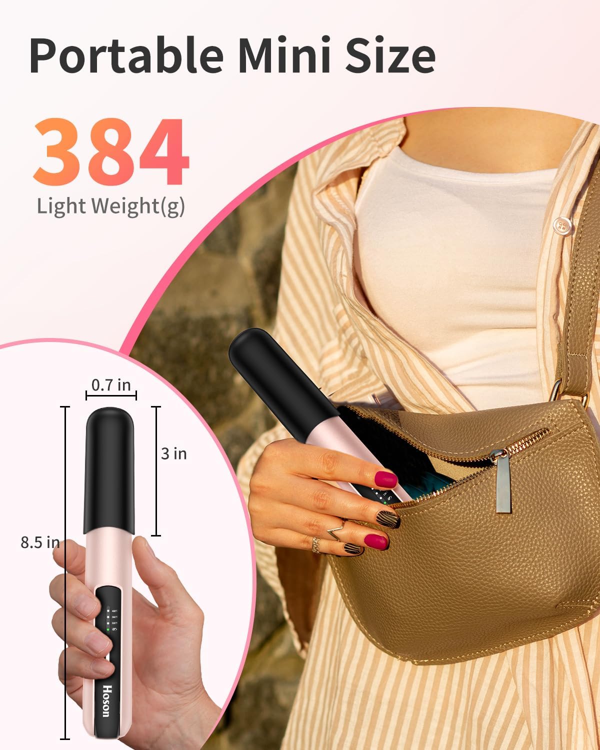 Hoson Pink Mini Cordless 2-in-1 Hair Straightener and Curler USB-C Rechargeable for Short Hair 1-Inch Barrel - Image 3