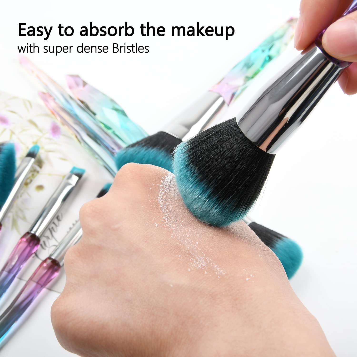 10 Piece Crystal Handle Makeup Brush Set with Kabuki, Foundation, and Eye Brushes - Green - Image 6